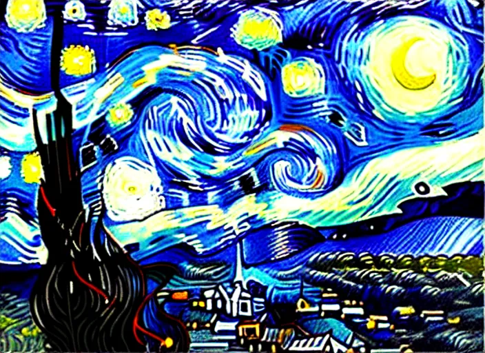 Prompt: starry night vii poster but the black is white and the dark blue is light, deep detailed