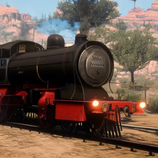 Image similar to futuristic sleek steam locomotive in red dead redemption 2