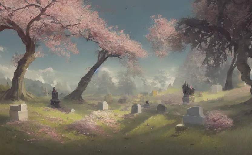 Image similar to A painting of the Grave of cherry blossoms trending on artstation in the style of Greg Rutkowski