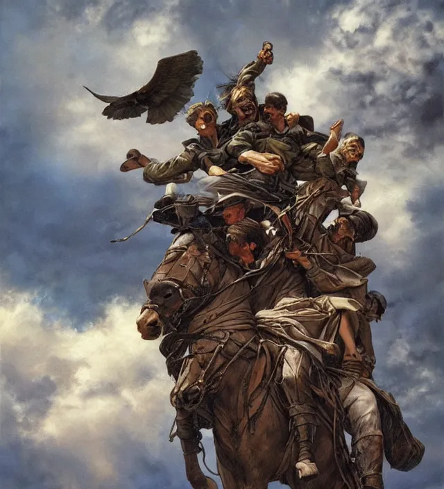 Image similar to cloudy day, three silhouettes riding a giant pigeon in the sky, in the distance, 1 9 7 0 s, intricate, moody, tasteful, intimate, highly detailed, short focus depth, artgerm, donato giancola, joseph christian leyendecker