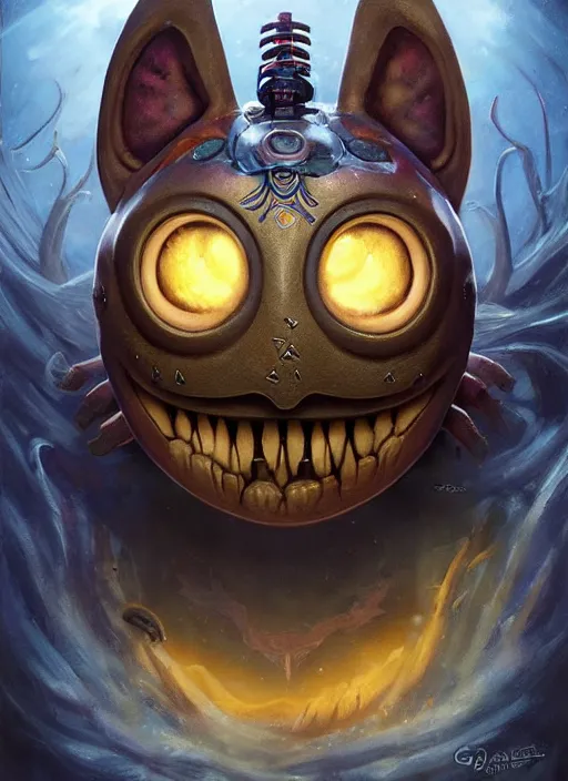 Image similar to hyper realistic, portrait of a mega derpy majora's mask by greg rutkowski, scott m fischer, artgerm, loish, slight glow, atmospheric, anne stokes, alexandros pyromallis