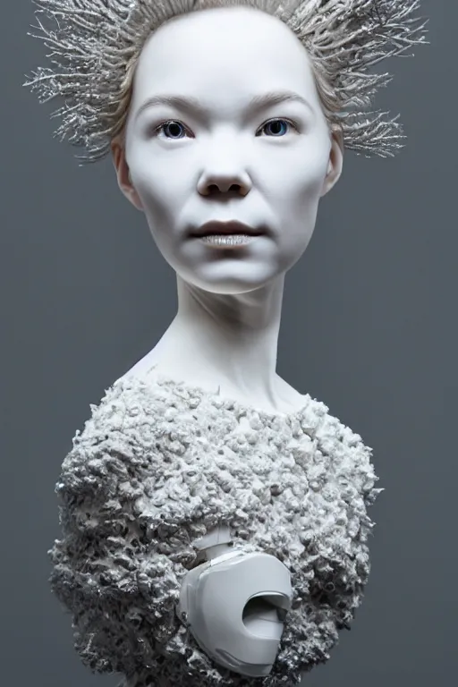 Prompt: full head and shoulders, beautiful bjork porcelain sculpture, smooth, delicate facial features, white eyes, white lashes, detailed white, lots of 3 d cyborg elements, prosthetic, anatomical, all white features on a white background, by daniel arsham and james jean