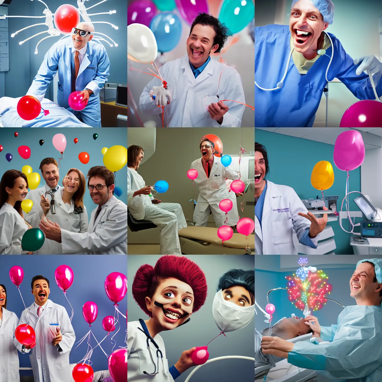 Prompt: mean surgeon laughing maniacally hyperrealistic detailed style brightly lit room pulling balloons out of patient's abdomen