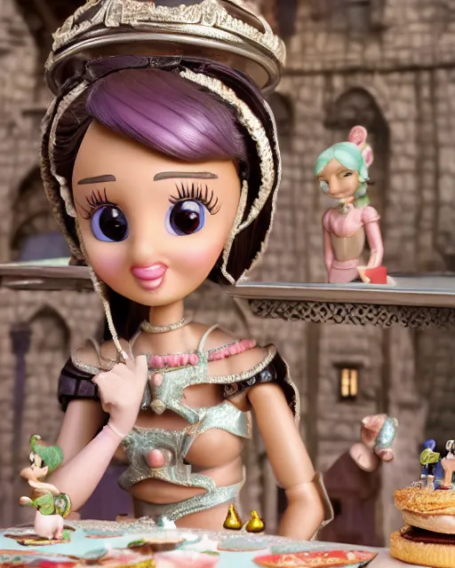Image similar to highly detailed closeup, face profile portrait of a tin toy ariana grande as a medieval girl eating cakes in a castle, bikini, depth of field, nicoletta ceccoli, mark ryden, lostfish, dan decarlo, bob clampett, max fleischer, detailed and intricate environment, 8 k resolution, hyperrealistic, octane render