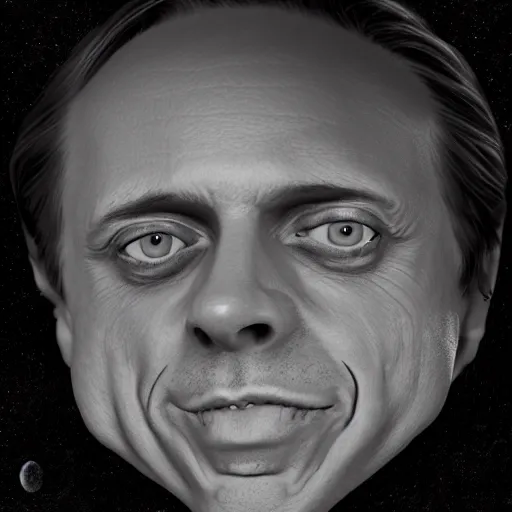 Prompt: black and white photo of steve buscemi on the moon ultra detailed, 8 k, trending on artstation, award - winning art,