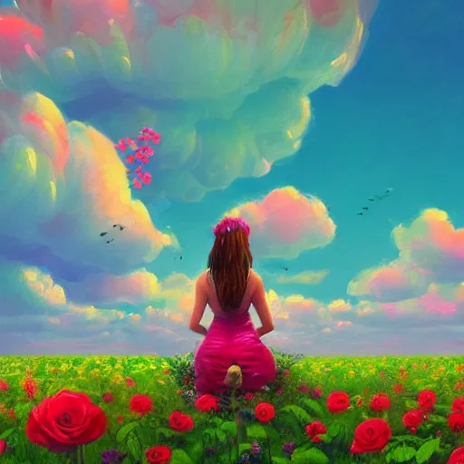 Prompt: giant rose flower head, full body girl sitting in a flower field, surreal photography, sunrise, dramatic light, impressionist painting, colorful clouds, digital painting, artstation, simon stalenhag