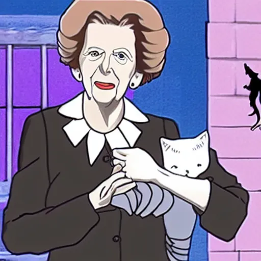 Image similar to A still of Margaret Thatcher as a catgirl in a 2010s anime