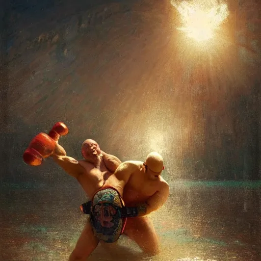 Image similar to bald wrestler breaking blonde wrestler's back, radiant light, caustics, heroic, bright iridescent light, by gaston bussiere, bayard wu, greg rutkowski, maxim verehin, epic wrestling combat, legendary