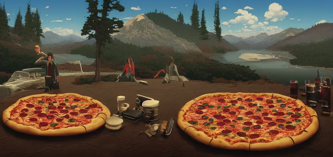 Prompt: twin peaks poster by Michael Whelan and Tomer Hanuka, rendering of the invention of pizza, full of details, by Makoto Shinkai and thomas kinkade, Matte painting, trending on artstation and unreal engine