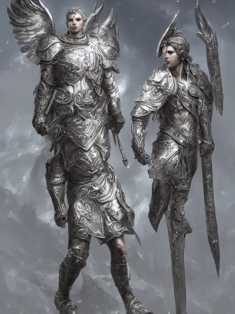 Image similar to male divine and rogynous gorgeous, with a white gold high angelic armor, symmetrical, full body, dark epic, roman toga, cinematic lighting, heaven background, concept art, highly detailed, photorealistic, 4 k, mist, octane render, unreal engine, hyper detailed, volumetric lighting.