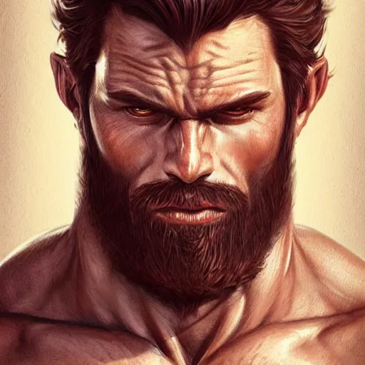 Image similar to portrait of a rugged ranger, muscular, upper body, hairy torso, D&D, fantasy, intricate, elegant, highly detailed, digital painting, artstation, concept art, smooth, sharp focus, illustration, art by artgerm