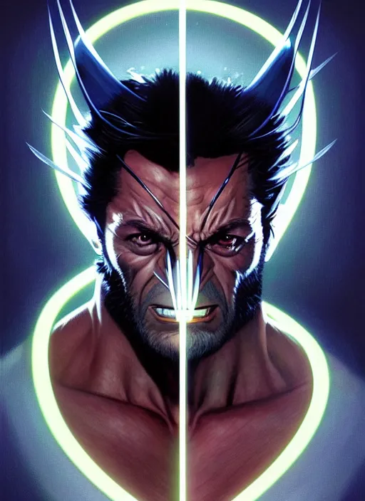 Image similar to symmetry portrait of wolverine from x - men : the animated series ( 1 9 9 2 ), glowing lights, intricate, elegant, highly detailed, digital painting, artstation, concept art, smooth, sharp focus, illustration, art by artgerm and greg rutkowski and alphonse mucha