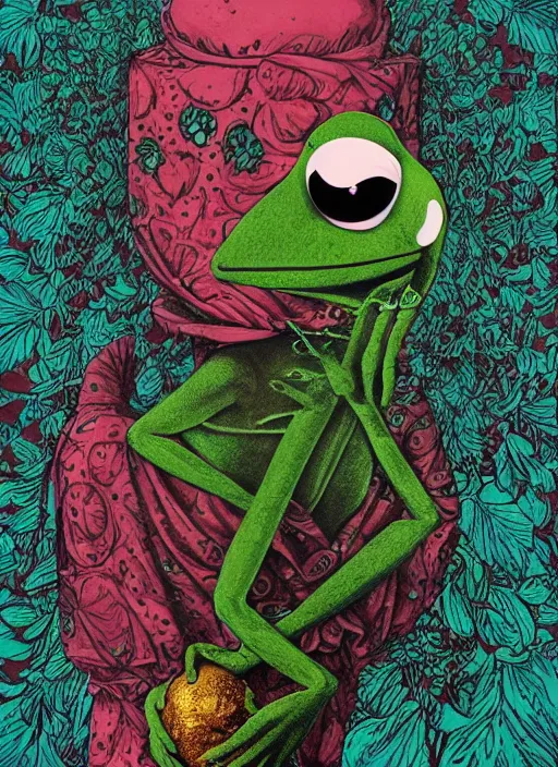 Image similar to Kermit the Frog goddess painting by Dan Hillier, trending on artstation, artstationHD, artstationHQ, 4k, 8k
