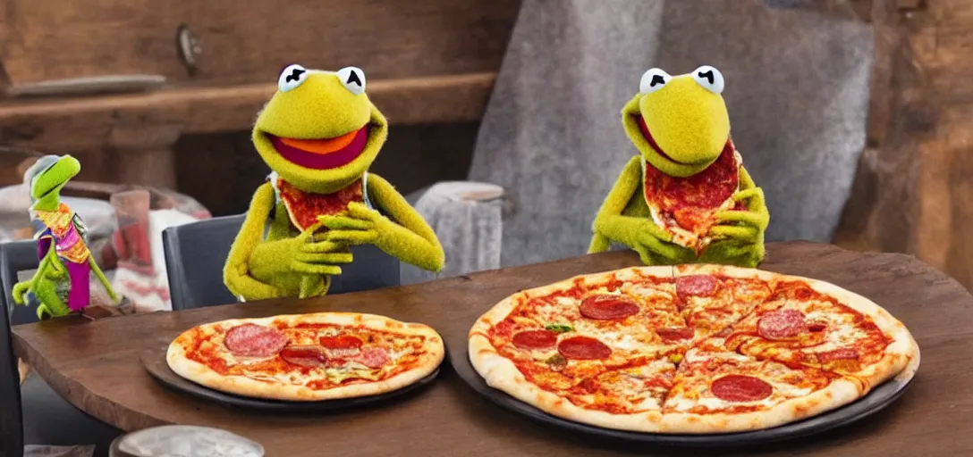 Image similar to an original muppet character sitting at a table with pizza in the style of the dark crystal