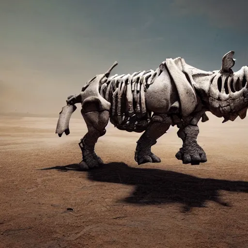 Image similar to a cinematic view of skeleton rhino made of old bones, true realistic image, detailed image