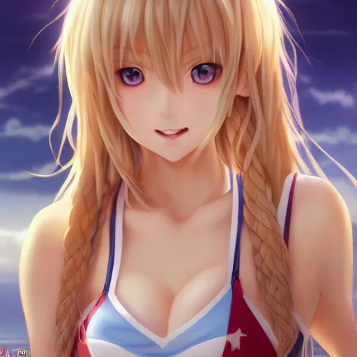 Image similar to a very beautiful young mature anime basketball girl, full body, long wavy blond hair, sky blue eyes, full round face, short smile, bikini, miniskirt, highly detailed, cinematic wallpaper by stanley artgerm lau