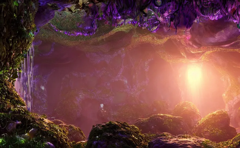 Prompt: a beautiful and stunning digital render of a humongous geode cave, dimly glowing diamonds, mushrooms, vines, haze, waterfall, volumetric lighting, photorealistic, unreal engine 5, ultra detail, trending on artstation