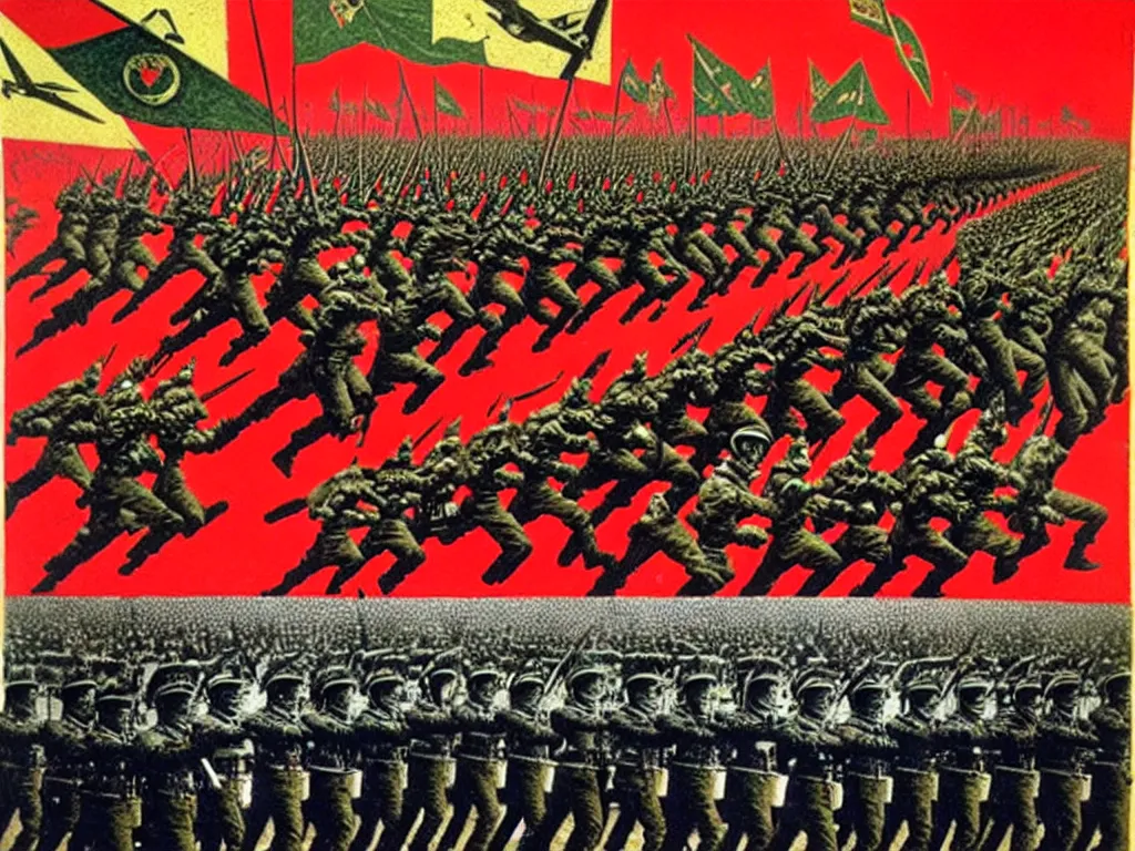 Prompt: army parade glorious march, futuristic alternate timeline, anarcho - communist hordes, red and black flags, art by max ernst