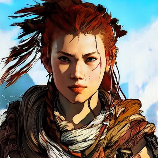 Prompt: portrait of aloy from horizon zero dawn, yoji shinkawa