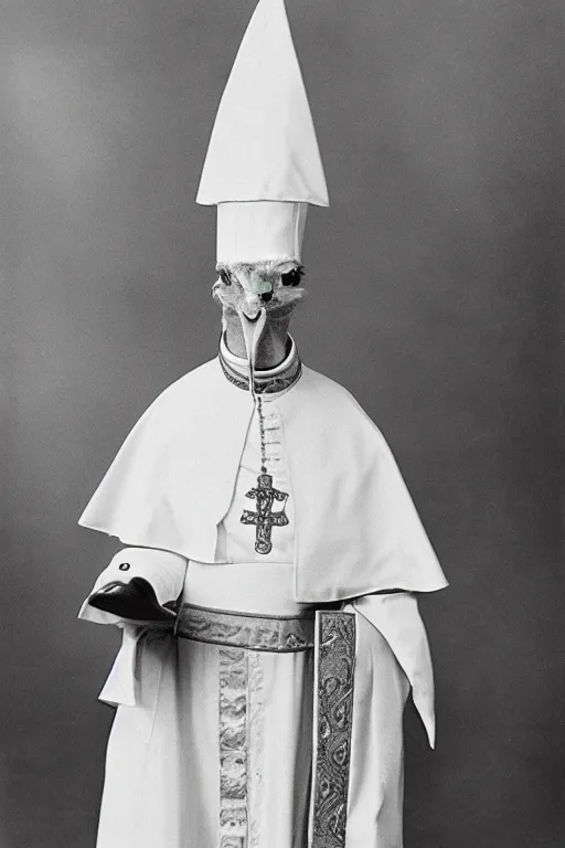 Image similar to a wet plate photo of an anthropomorphic ostrich dressed as pope