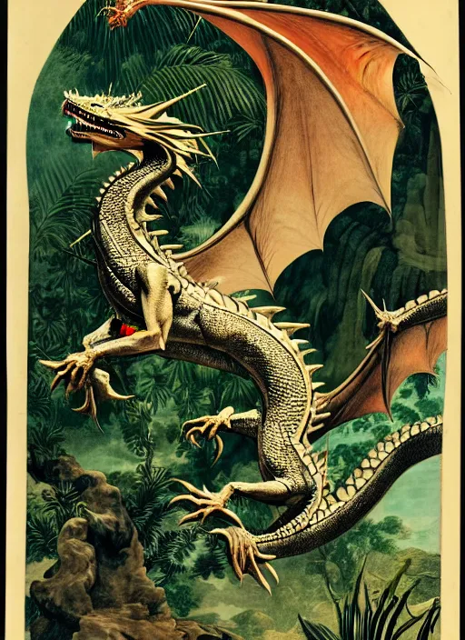 Image similar to game of thrones dragon in a tropical forest, john james audubon, ernst haeckel, intaglio, sharp focus