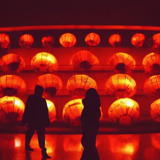 Prompt: night club, a few red chinese lanterns, people's silhouettes, minimalism, asian movies 2 0 0 0 atmosphere
