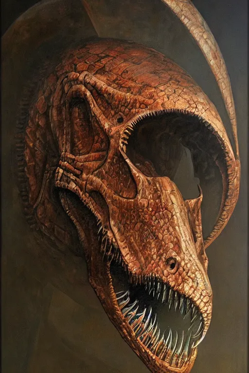 Prompt: beautiful oil clean painting biomechanical portrait of dinosaur with huge helmet complex machine by wayne barlowe, rembrandt, complex, stunning, realistic skin color, 4 k, high res, awardwinning, masterpiece, realistic lighting