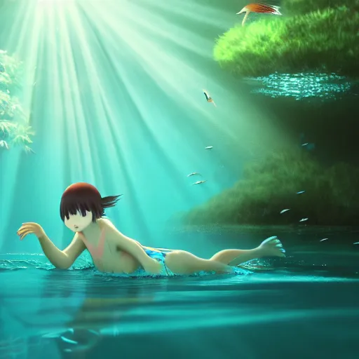 Image similar to young girl swimming in underwater forest with birds, light rays through water, sharp focus, Miyazaki, Makoto Shinkai, Highly Detailed, Cinematic Lighting, 8k, HD
