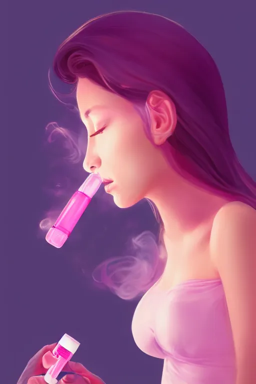 Image similar to Beautiful, Cute Woman Breathing Through a Handheld Pink Vapor Inhaler, side view, fantasy, magic, ultra detailed, digital art, trending on artstation, illustration