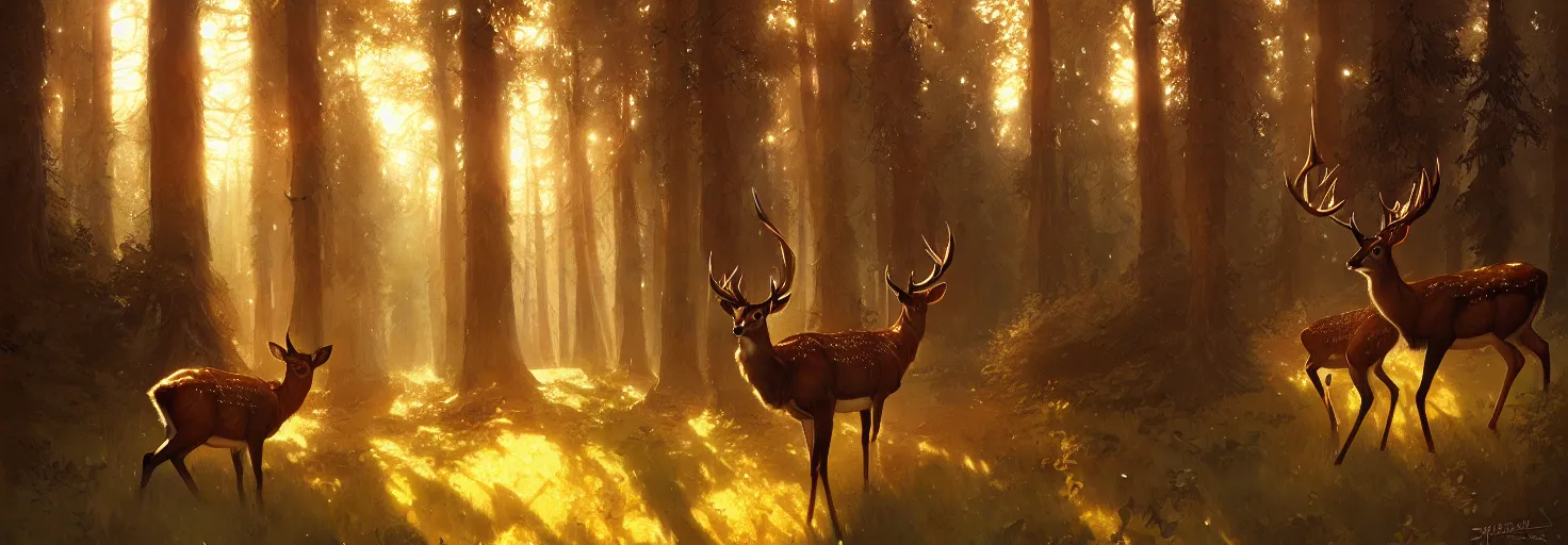 Image similar to Deer in Sherwood Forest, full frame, highly detailed, digital painting, artstation, concept art, smooth, sharp focus, illustration, art greg rutkowski and alphonse mucha