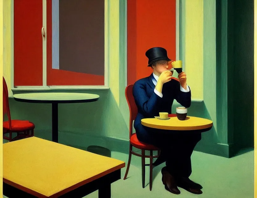 Prompt: a painting of a person drinking 1 0 cups of coffee into a droste effect, harsh monday mood in a kitchen that is slowly melting, styled and painted by edward hopper and magritte