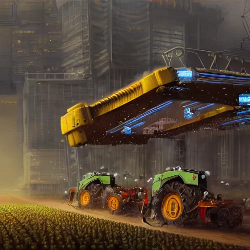 Image similar to agricultural machinery as a world leader, cyberpunk, machine revolution, matte painting, trending on artstation