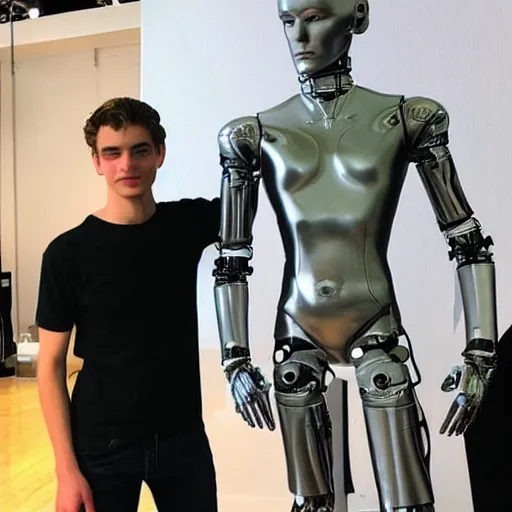 Image similar to “a realistic detailed photo of a guy who is an attractive humanoid who is half robot and half humanoid, who is a male android, singer Grant Knoche, shiny skin, posing like a statue, blank stare, on stage, on display”