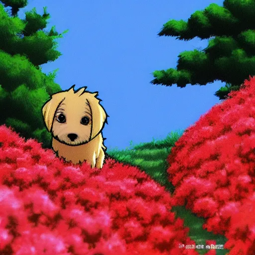 Image similar to A blond Norfolk terrier in the style of 90s anime, bright,red flowers, foot path, trees, award winning, trending on artstation