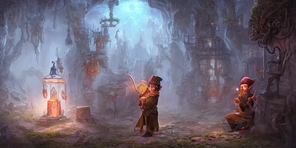 Image similar to lonely machine elf plumber examining the mysteries of jean baudrillard, magical atmosphere in the background,, fantasy art, matte painting, high quality, digital painting, object oriented ontology, artwork by tony sart