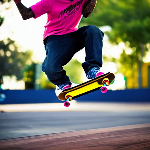 Image similar to professional photo of a skateboarder performing a grab trick, focused on brightly colored deck, thrasher magazine, 8 k, bokeh, bright ambient lighting key light, 8 5 mm f 1. 8