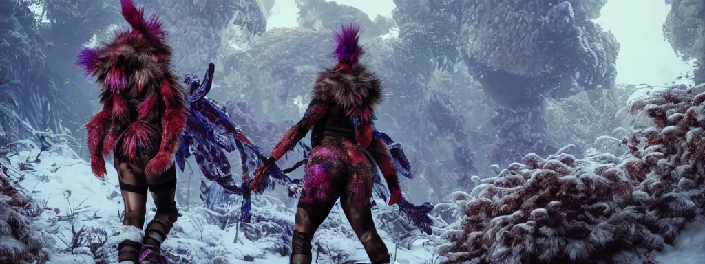 Image similar to athletic muscular explorer woman walking in animal fur armour, crop top midriff, walking in a dense alien snow covered frosty jungle, with snow covered colourful red, blue and purple plants, large vines, snow covered arched organic rock structures, in the style of monster hunter world, like concept art on artstation, hyperdetailed, vray render, octane render,