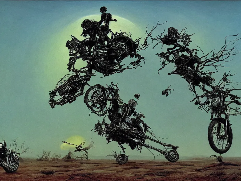 Image similar to Into darkest cosmos, A Royal Enfield Interceptor 650 motorcycle flying and a skeleton is riding it. Painting by Caspar David Friedrich, Roger Dean, Walton Ford