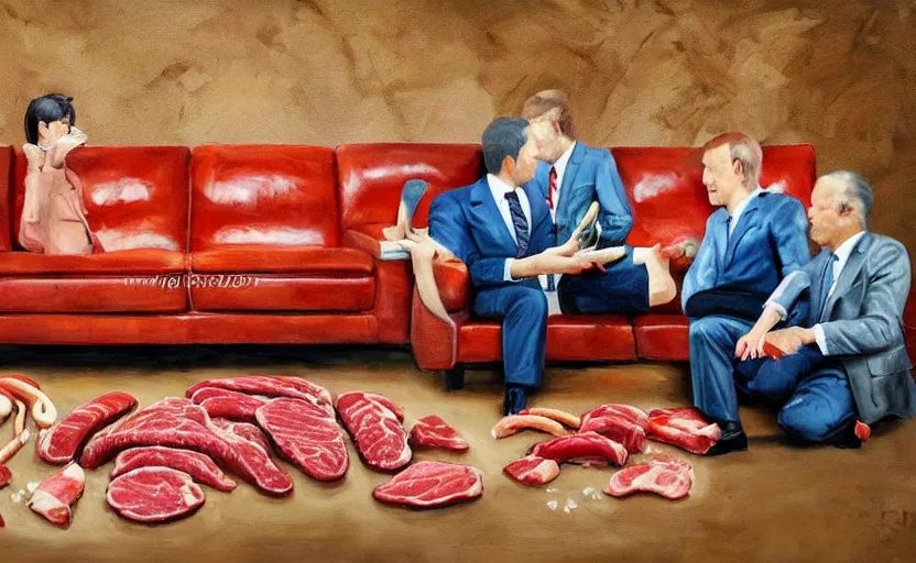 Prompt: realistic painting of couch made out of meat, business men sitting on couch made out of meat and talking,