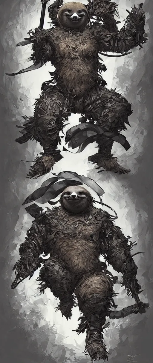 Image similar to graphic, hyperreal illustration of anthropomorphic sloth in traditional samurai armor : : digital art, concept art, character development : : illustrated by artgerm, yoji shinkawa, scott buoncristiano, nychos