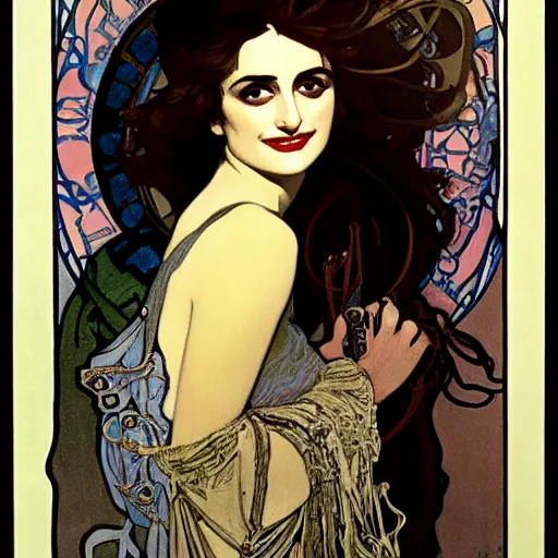 Prompt: a portrait of Penelope Cruz by Mucha