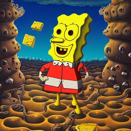 Image similar to SpongeBob SquarePants made of cheese by jacek yerka, alex gray, zdzisław beksiński, dariusz zawadzki, jeffrey smith and h.r. giger, oil on canvas, 8k highly professionally detailed, trending on artstation