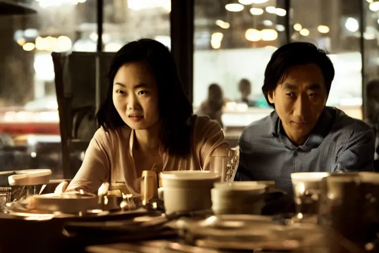 Image similar to VFX movie interior closeup beautiful Asian couple closeup sitting at 50s diner, night in the city, by Emmanuel Lubezki