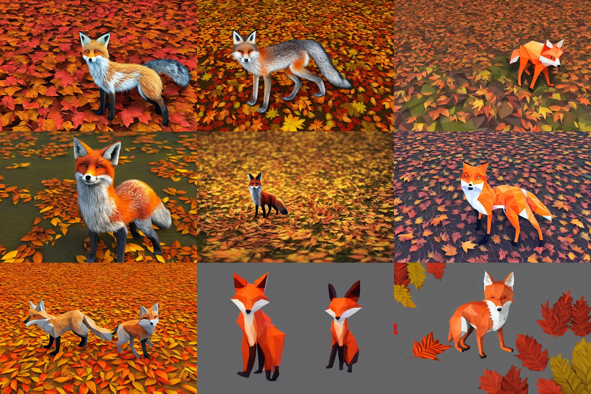 Prompt: super detailed long lowpoly fox standing on hyper detailed lowpoly autumn leaves autumn leaves autumn leaves autumn leaves unrealengine lowpoly