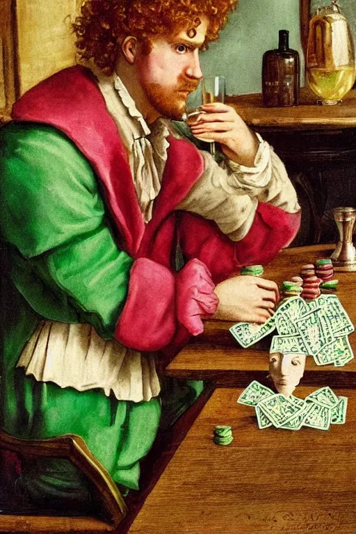 Prompt: intricate beautiful medium - shot, the card player man, blonde reddish hair, in green and pink clothes of 1 7 th century, holds playing cards, wine glass, plays poker, in card's player by sezanne, by rutkowsky, matte painting, renaissance painting