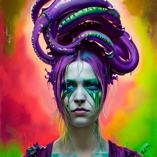 Prompt: art portrait of a furious girl with purple tentacles on her head and bright green eyes, 8k,by tristan eaton, Stanley Artgermm,Tom Bagshaw,Greg Rutkowski,Carne Griffiths,trending on DeviantArt, face enhance,hyper detailed ,full of colour,