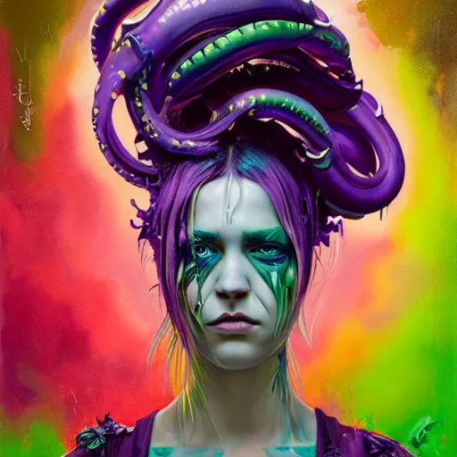 Image similar to art portrait of a furious girl with purple tentacles on her head and bright green eyes, 8k,by tristan eaton, Stanley Artgermm,Tom Bagshaw,Greg Rutkowski,Carne Griffiths,trending on DeviantArt, face enhance,hyper detailed ,full of colour,