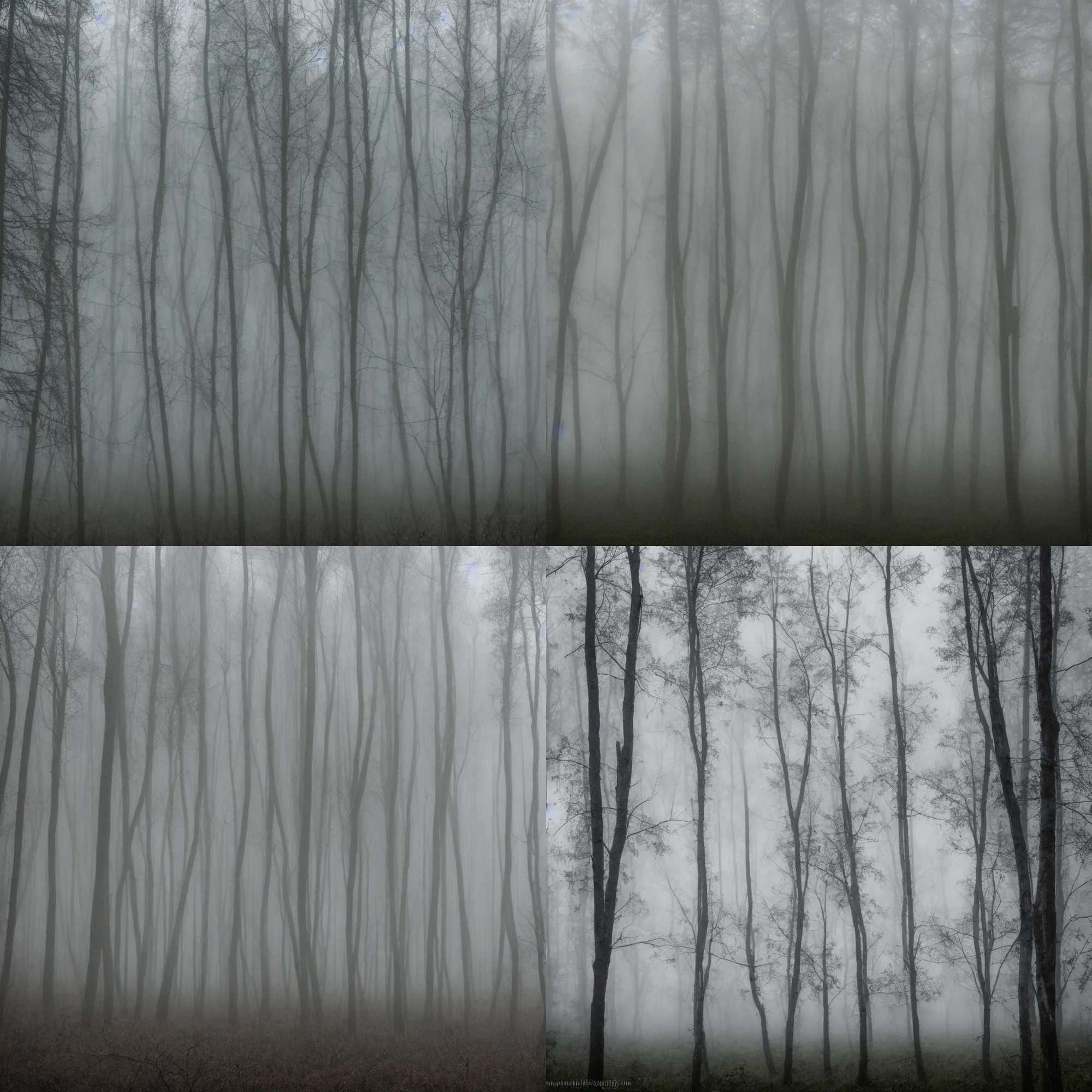 Prompt: Hazy dark photo of a Russian forest with dense fog, Sigma 28mm, overcast, trees without leaves