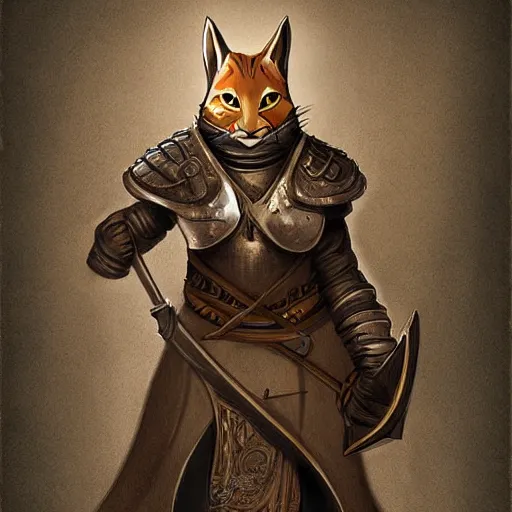 Image similar to hooded tabaxi wearing armor holding a sword, digital art