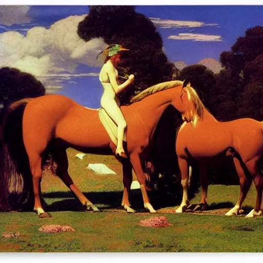 Image similar to offerings for the horse goddess by george stubbs by frederic remington by maxfield parrish